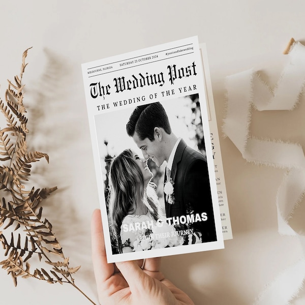 Newspaper Wedding Program Template, Editable Wedding Newspaper Program, Printable Wedding Infographic, Folded Wedding Day Program, Crossword