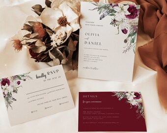 Burgundy Wedding Invitation Editable Template, Printable Wedding Invitation Suite, 100% Editable Template RSVP, Details Card, Canva