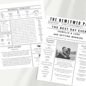 May include: Two wedding-themed newspaper printables. One features a timeline with icons and a word search. The other is a personalized announcement with a photo, names, and wedding details. Both are in black and white.