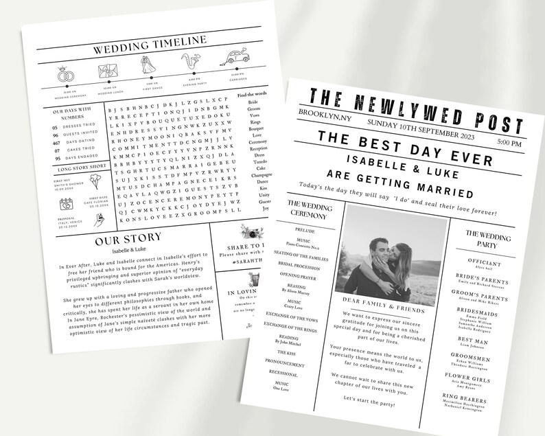 May include: Two wedding-themed newspaper printables. One features a timeline with icons and a word search. The other is a personalized announcement with a photo, names, and wedding details. Both are in black and white.