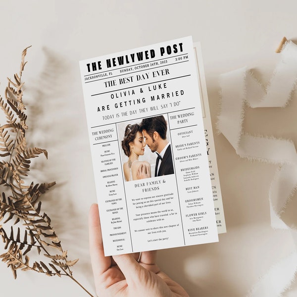 Newspaper Wedding Program Template, Editable Wedding Newspaper Program, Printable Wedding Infographic, Folded Wedding Day Program, #N