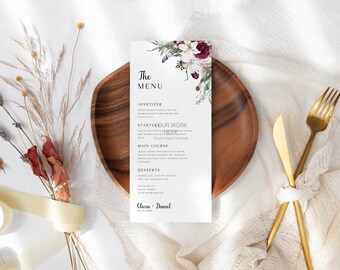 Burgundy Floral Wedding Menu Template, Fall Dinner Menu, Editable Reception Food Menu, Autumn Printable Menu, 4x9"