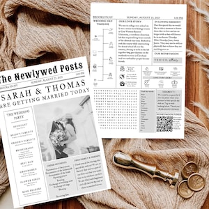 Newspaper Wedding Program Template, Editable Wedding Newspaper Program, Printable Wedding Infographic, Folded Wedding Day Program Crosword#N