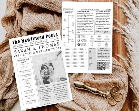 Newspaper Wedding Program Template, Editable Wedding Newspaper Program, Printable Wedding Infographic, Folded Wedding Day Program Crosword#N