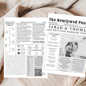K&ouml;nnte beinhalten: Zwei schwarz-wei&szlig; Hochzeitsdrucke, die als Zeitungen gestaltet sind. Einer hat eine Zeitleiste und ein Wortsuchr&auml;tsel, der andere ein Foto des Paares und Hochzeitsdetails. Der Text enth&auml;lt "Sarah & Thomas heiraten heute."