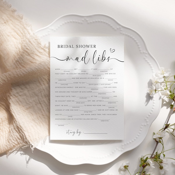 Wedding Mad Libs Game for Bridal Shower or Wedding | printable template with minimalist modern theme