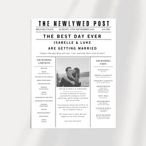 May include: A black and white wedding newspaper-style announcement. The headline reads "THE NEWLYWED POST" with the names Isabelle & Luke, and the date. The announcement includes a photo and wedding details.