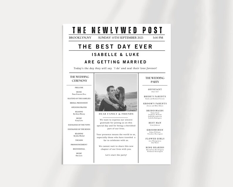 May include: A black and white wedding newspaper-style announcement. The headline reads "THE NEWLYWED POST" with the names Isabelle & Luke, and the date. The announcement includes a photo and wedding details.