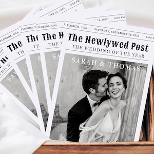 Newspaper Wedding Program Template, Editable Wedding Newspaper Program, Printable Wedding Infographic, Folded Wedding Day Program, Cross N zdjęcie 1