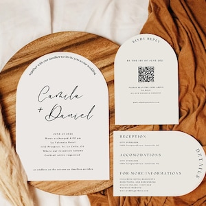 May include: A set of wedding stationery with an arch design. The invitation features the names "Camila + Daniel" and event details. Additional cards include a QR code for RSVP and reception information. The design is minimalist with a neutral color palette.
