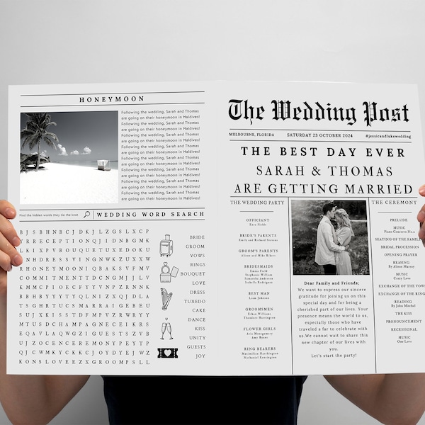 Newspaper Wedding Program Template, Editable Wedding Newspaper Program, Printable Wedding Infographic, Folded Wedding Day Program, Crossword