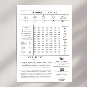 May include: A black and white wedding timeline print with text and illustrations. The print includes sections for the wedding timeline, word search, and the couple's story. The print is a personalized wedding keepsake.