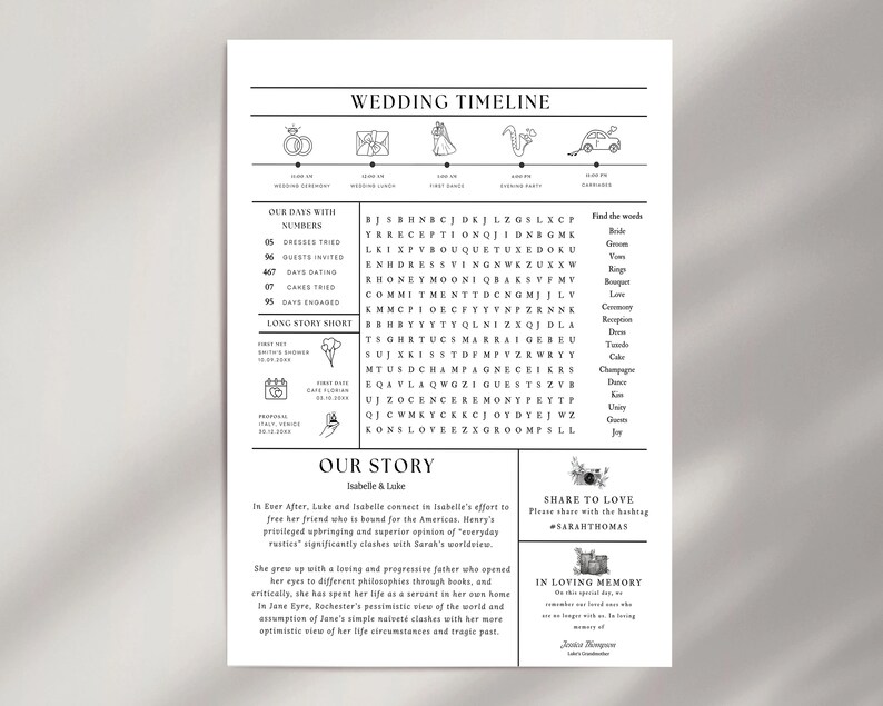 May include: A black and white wedding timeline print with text and illustrations. The print includes sections for the wedding timeline, word search, and the couple's story. The print is a personalized wedding keepsake.