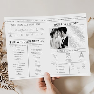 Newspaper Wedding Program Template, Editable Wedding Newspaper Program, Printable Wedding Infographic, Folded Wedding Day Program, Cross N zdjęcie 3