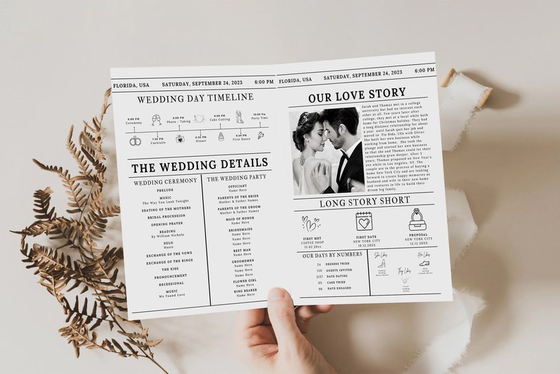Newspaper Wedding Program Template, Editable Wedding Newspaper Program, Printable Wedding Infographic, Folded Wedding Day Program, Cross N image 3