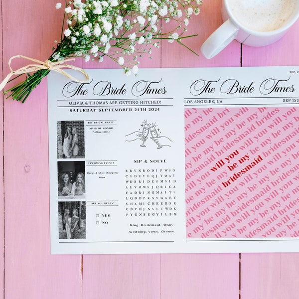Bridesmaid Proposal Newspaper, Editable Newspaper Template, Bridesmaid Info Card, Canva Template