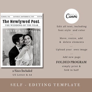 Newspaper Wedding Program Template, Editable Wedding Newspaper Program, Printable Wedding Infographic, Folded Wedding Day Program, Cross N zdjęcie 6