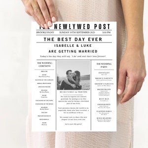 Newspaper Wedding Program Template, Editable Wedding Newspaper Program, Printable Wedding Infographic, Folded Wedding Day Program Crosword#N