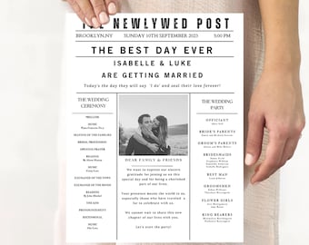 Newspaper Wedding Program Template, Editable Wedding Newspaper Program, Printable Wedding Infographic, Folded Wedding Day Program Crosword#N