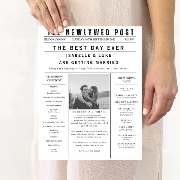 Newspaper Wedding Program Template, Editable Wedding Newspaper Program, Printable Wedding Infographic, Folded Wedding Day Program Crosword#N