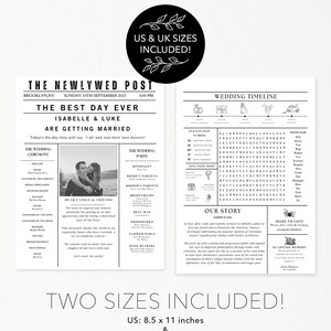 May include: A black and white wedding newspaper-style print with the headline "The Newlywed Post." It includes wedding details, a photo of the couple, and a timeline. The print is available in 8.5 x 11 inches and A4 sizes.