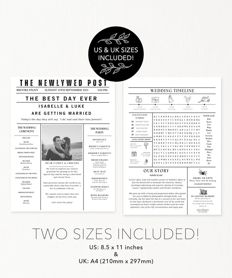 May include: A black and white wedding newspaper-style print with the headline "The Newlywed Post." It includes wedding details, a photo of the couple, and a timeline. The print is available in 8.5 x 11 inches and A4 sizes.