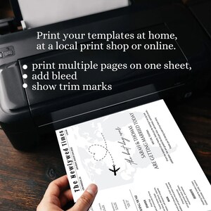 May include: A black printer printing a wedding invitation. The invitation is white with black text and graphics, including a map, airplane, and the words "Sarah & Thomas." The text on the invitation includes "The Newlywed Times" and "Wedding Menu."
