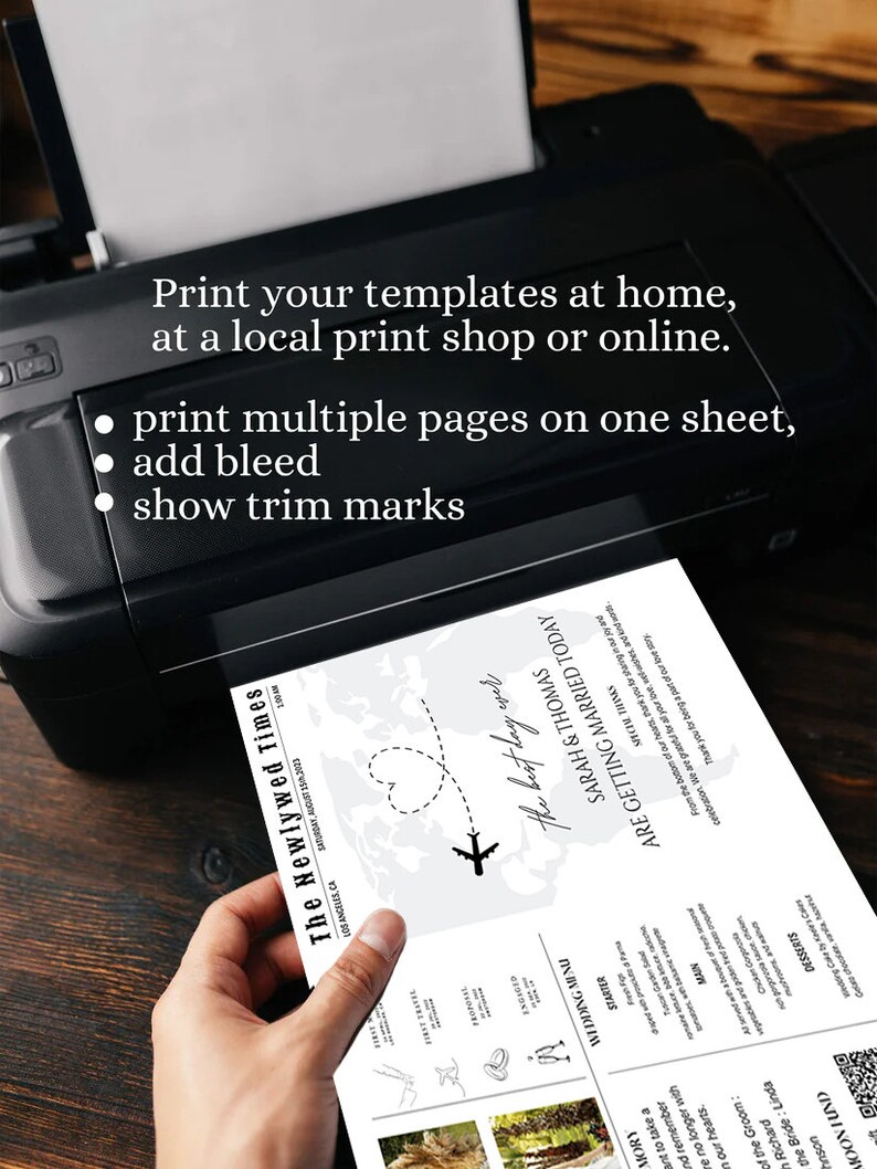 May include: A black printer printing a wedding invitation. The invitation is white with black text and graphics, including a map, airplane, and the words "Sarah & Thomas." The text on the invitation includes "The Newlywed Times" and "Wedding Menu."