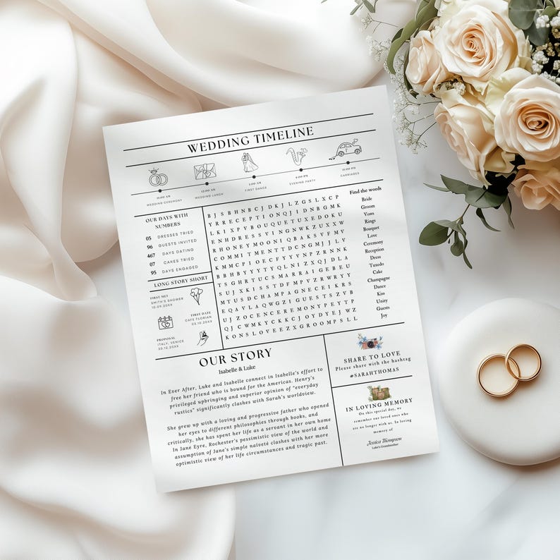Newspaper Wedding Program Template, Editable Wedding Newspaper Program, Printable Wedding Infographic, Folded Wedding Day Program Crosword#N image 2