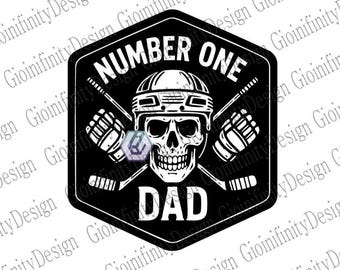 Number One Dad Hockey Skull Patch | White - Black Hexagon Design for Fathers Day | Cool Sports Dad Gift | Helmet & Sticks Logo