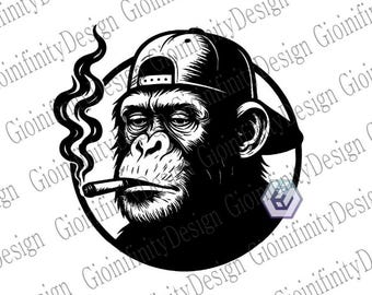 Smoking Monkey Logo | Edgy Black and White Clipart (PNG, SVG)