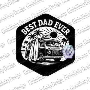 Best Dad Ever Surf Van Aufnäher | Vintage Sechseck Strand Papa Geschenk | Schwarz-Weiß-Hexagon Retro Van Badge | 12 x 12 Zoll SVG PNG