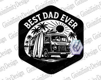 Best Dad Ever Surf Van Patch | Vintage Hexagon Beach Dad Gift | Black and White Hexagon Retro Van Badge | 12x12 inch SVG PNG