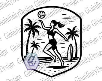 Beach Volleyball Girl SVG: Retro Palm Tree Surf Logo (PNG)