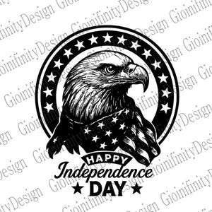 Może przedstawiać: Czarno-biała grafika przedstawiająca głowę i ramiona orła z banerem w gwiazdy i paski. Tekst "Happy Independence Day" znajduje się pod orłem, z gwiazdami po obu stronach. Projekt jest okrągły.