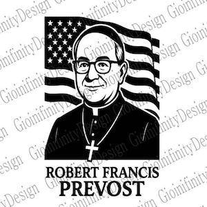 Logo della bandiera degli Stati Uniti di Robert Francis Prevost / Ritratto del vescovo cattolico in formato SVG PNG / Arte del clero in bianco e nero per Cricut e stampa /