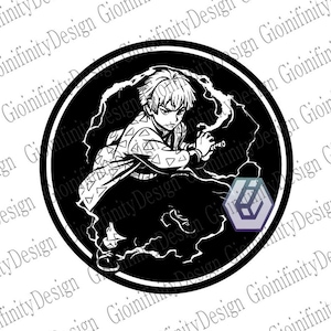 May include: A black and white graphic of an anime character within a circular frame. The character is depicted with spiky hair and is surrounded by lightning bolts. The design is a digital illustration.