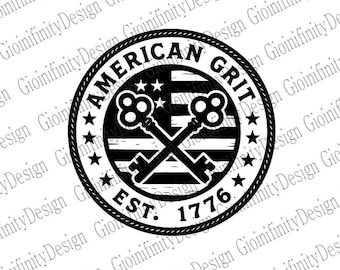 American Grit EST. 1776 Logo Patch | USA Flag and Crossed Keys Emblem | Black & White Design for Hat, Shirt, or Decal