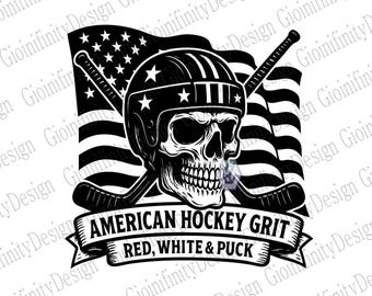 American Hockey Skull Logo: Vintage USA Flag Art - Patriotic Grit Design