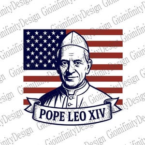 Logo della bandiera degli Stati Uniti di Papa Leone XIV / Ritratto cattolico d'epoca / PNG / Stampa artistica religiosa patriottica / SVG