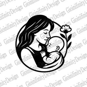 Logo per la festa della mamma / Arte cattolica in bianco e nero / Santa Madre con Gesù Bambino / Patch design SVG PNG religioso