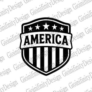 May include: Black and white shield-shaped graphic with the word "AMERICA" in bold letters. The shield has a banner at the top with five stars and vertical stripes at the bottom, evoking a patriotic theme.