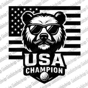 Urso orgulhoso da bandeira dos EUA com bigodes | Campeão de golfe SVG | PNG | Arquivo de corte patriótico Cricut 12x12