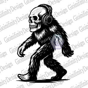 Könnte beinhalten: Schwarz-weiße Illustration eines Bigfoot-ähnlichen Wesens mit Kopfhörern. Das Wesen hat einen Totenkopf und geht. Das Design ist ein grafisches, stilisiertes Bild.