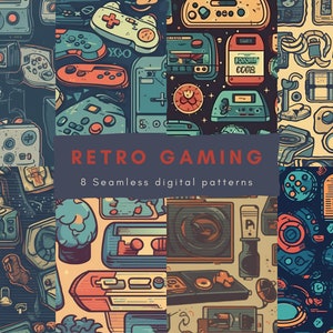 Pode incluir: Oito padrões digitais sem costura que apresentam consoles de jogos retrô, controladores e outras imagens relacionadas a jogos. Os padrões são de várias cores, incluindo azul, verde, amarelo e vermelho.