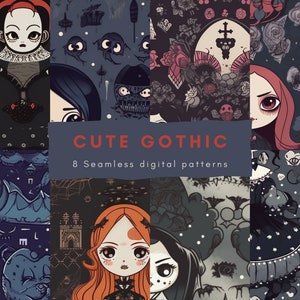 May include: A collage of eight digital patterns featuring cute gothic characters and designs. The patterns include a girl with red hair, a girl with black hair, a girl with white hair, a girl with red hair and white hair, a girl with black hair and white hair, a girl with red hair and black hair, a girl with white hair and black hair, and a girl with red hair and white hair. The patterns are all in a dark color scheme and feature a variety of gothic elements, such as skulls, bats, and roses.
