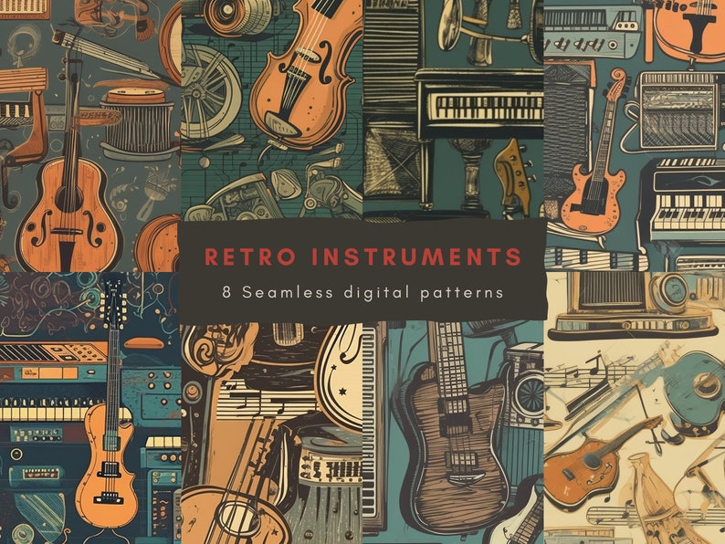 Retro Instruments Design 8 Retro Instruments Seamless Digital Papers, Scrapbook, Backgrounds ...
