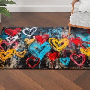 Colorful Hearts Graffiti Rug, Love Graffiti Rug, Hearts Graffiti Rugs, Graffiti Rug, Gift For Him, Colorful Rug, Saloon Rug, Door Mat,