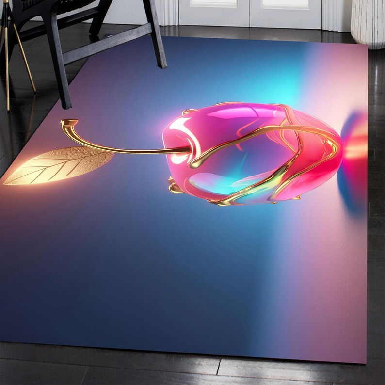 3D Golden Cherry Rug, Futuristic Neon Glow Fruit Art Carpet, Digital ...