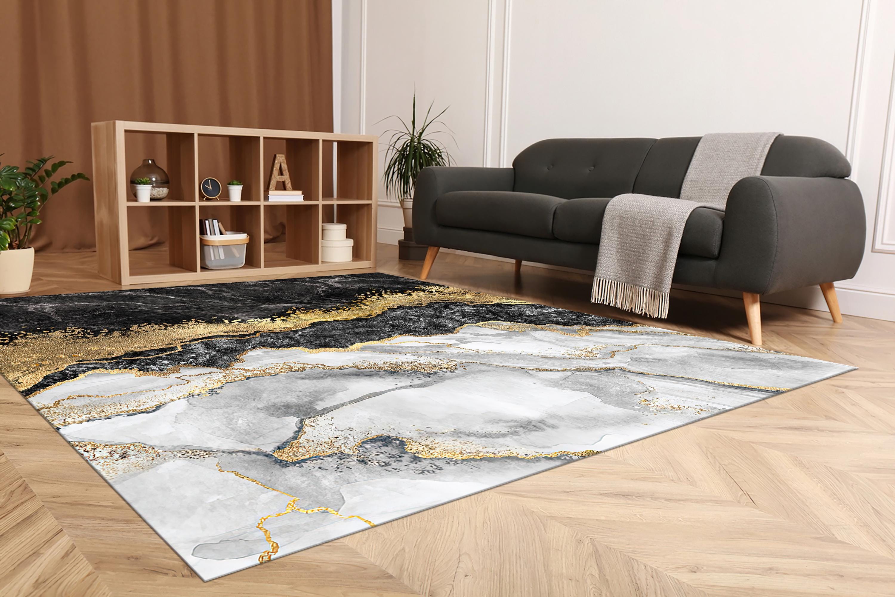 Black and Gold Marble Rug, Black Marble Rugs, Modern Marble Rug ...